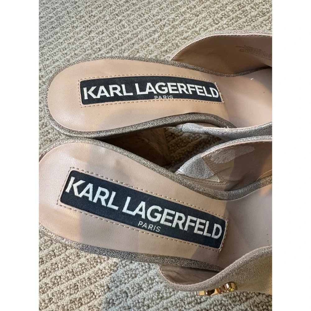 Karl Lagerfeld Paris Metallic Cork Wedge‎ Mules Silver Glitter Platform Sandals